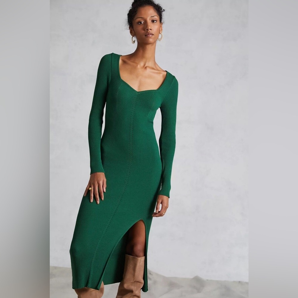Anthropologie Seamed Knit Maxi Dress Size Medium Green